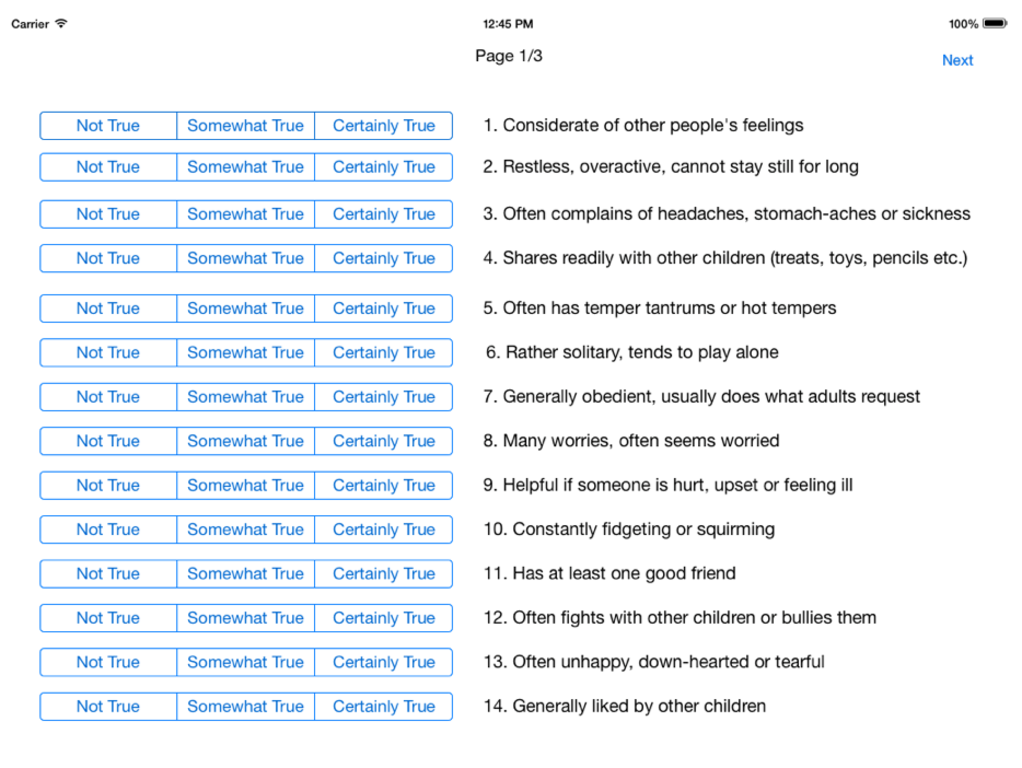 Immagine di esempio della risorsa Child Self-Regulation & Behaviour Questionnaire (CSBQ) (iOS)
